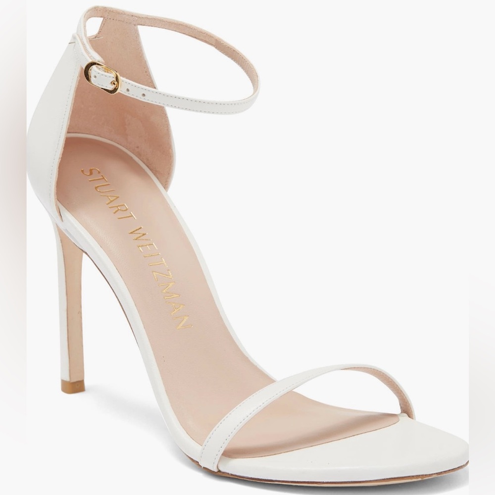 Stuart Weitzman White Ankle Strap Heels - Nudistsong Sandal